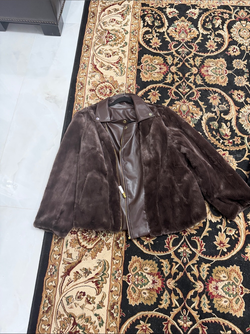 IMAN Dark Brown Faux Fur Jacket with Leather Trim